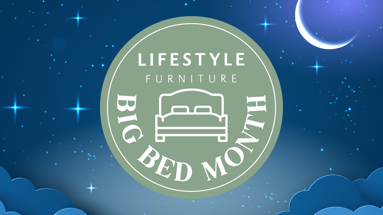 Promotional image showing a logo displayed over a night's sky background in dark and light blue colours. There is a crescent moon in the top right corner. The logo in the center is a green circle featuring an icon of a bed. Text reads: Lifestyle Furniture Big Bed Month