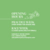 Graphic with a green background. There is a hand drawn motorbike. The majority of the image includes white text. The text reads: OPENING HOURS PRACTICE WEEK OPEN WHEN THE ROADS ARE RACE WEEK CLOSED (AVAILABLE BY EMAIL) Unsure if we’re open? Call (01624) 623322 sales@lifestylefurnitureplus.com