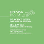 Graphic with a green background. There is a hand drawn motorbike. The majority of the image includes white text. The text reads: OPENING HOURS PRACTICE WEEK OPEN WHEN THE ROADS ARE RACE WEEK CLOSED (AVAILABLE BY EMAIL) Unsure if we’re open? Call (01624) 623322 sales@lifestylefurnitureplus.com