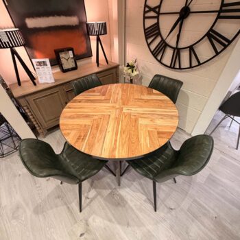 Round Table with Industrial Metal Base & 4 Dining Chairs